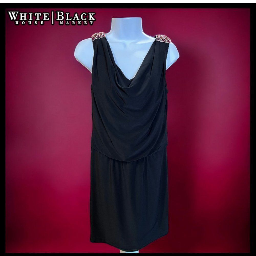 White House Black Market Women's Sz. 2 Black Draped V-Neck Cocktail Dress EUC+